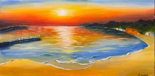 A warm and atmospheric seascape capturing the quiet beauty of Mother’s Beach on the Mornington Peninsula at sunset. Soft golden light stretches across the water, reflecting the changing colours of the evening sky. Gentle waves, earthy tones and expressive brushstrokes create a sense of stillness, warmth and connection to the coastal landscape.