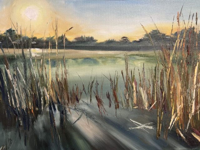 Sunset at Devilbend captures the quiet beauty of Devilbend Reservoir on the Mornington Peninsula as the day comes to an end. Warm sunset colours glow across the sky and reflect softly on the still water, while the surrounding landscape falls into deeper, earthy tones. The painting explores the peaceful connection between light, water and nature, inviting a moment of stillness and reflection.