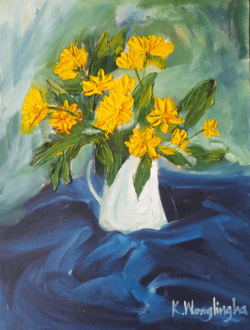 Bright yellow flowers bloom with warmth and quiet joy, capturing the feeling of sunshine on a soft afternoon. Their golden petals stand out against gentle greens and earthy tones, creating a sense of hope, energy and renewal. The expressive brushstrokes give the flowers a natural, lively movement, celebrating the simple beauty of nature.
