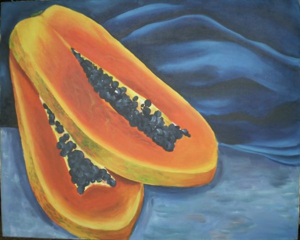 An oil painting exploring the vibrant contrast between the warm, tropical tones of papaya and the cool depth of a blue background. Rich colour, soft texture, and expressive brushstrokes give the fruit a fresh and inviting presence, creating a simple yet atmospheric still life that celebrates colour, nature, and everyday beauty