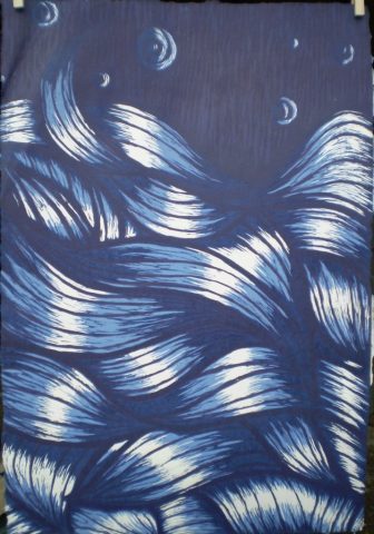 Wave No. 2 is a woodcut print inspired by the movement and energy of the ocean. Bold carved lines and organic shapes capture the rhythm of waves as they rise, break, and flow. The natural texture of the wood and expressive marks create a sense of movement, strength, and connection to the sea.